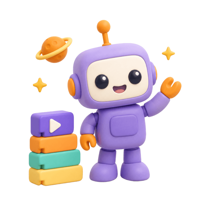 Blocky, a purple robot waving